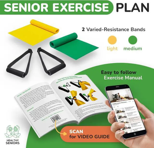 Alt view image 3 of 7 - Chair Exercise Program with Two Resistance Bands, Handles and Printed Exercise Guide. Suitable for Rehab or Physical Therapy. Thoughtful Gift for Grandma or Grandpa