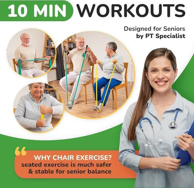 Alt view image 4 of 7 - Chair Exercise Program with Two Resistance Bands, Handles and Printed Exercise Guide. Suitable for Rehab or Physical Therapy. Thoughtful Gift for Grandma or Grandpa