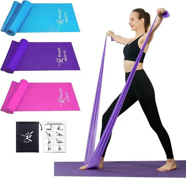 Main image of Therapy Flat Resistance Bands Set, Latex Free Flat Elastic Exercise Stretch Bands for Stretching, Flexibility, Pilates, Yoga, Ballet, Gymnastics, Rehab, Workout, Pink, Purple, Blue (3 Pack, 5 FT long)