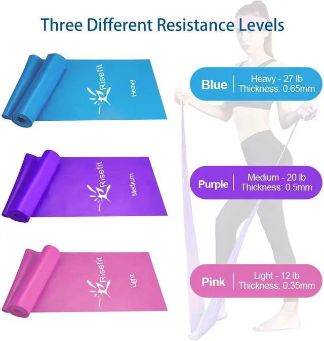 Alt view image 3 of 7 - Therapy Flat Resistance Bands Set, Latex Free Flat Elastic Exercise Stretch Bands for Stretching, Flexibility, Pilates, Yoga, Ballet, Gymnastics, Rehab, Workout, Pink, Purple, Blue (3 Pack, 5 FT long)