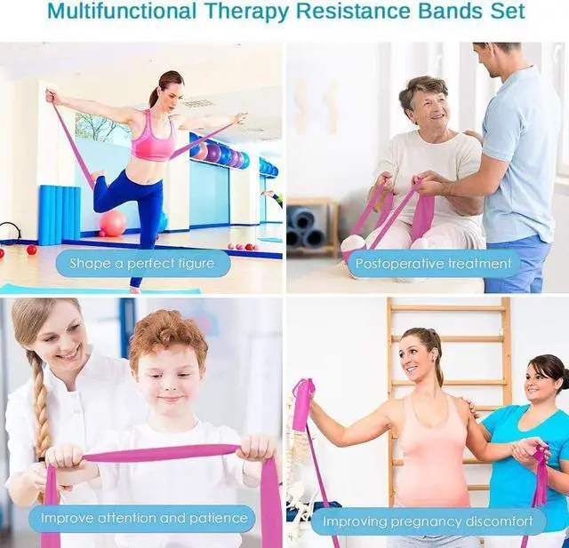 Alt view image 6 of 7 - Therapy Flat Resistance Bands Set, Latex Free Flat Elastic Exercise Stretch Bands for Stretching, Flexibility, Pilates, Yoga, Ballet, Gymnastics, Rehab, Workout, Pink, Purple, Blue (3 Pack, 5 FT long)