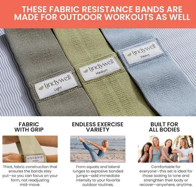 Alt view image 5 of 7 - Lindywell Fabric & Exercise Bands for Women & Men - Resistance Bands for Working Out, Including Glute Activation, Strength Training, Physical Therapy - Durable, Non-Slip & Perfect for Home Or Gym Use