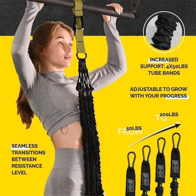 Alt view image 3 of 7 - Pull Up Assistance Bands Set - 4 Heavy-Duty Pull Up Bands, Height Adjustable Strap & Comfortable Foot Strap - Stackable Pull Up Resistance Bands for Pull Ups
