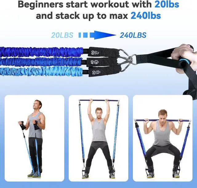 Alt view image 2 of 7 - Hommie Portable Pilates Bar Kit with Resistance Bands for Men and WomenUpgraded 3 Section Pilates Bar with Resistance Bands (20-60lb) for Home Gym Equipment Supports Full-Body