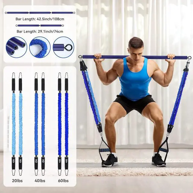 Alt view image 5 of 7 - Hommie Portable Pilates Bar Kit with Resistance Bands for Men and WomenUpgraded 3 Section Pilates Bar with Resistance Bands (20-60lb) for Home Gym Equipment Supports Full-Body
