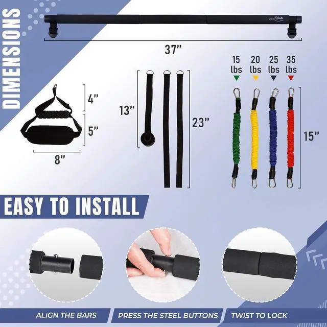 Alt view image 6 of 7 - Verde Acqua Pilates Essentials Kit for Short Women with Resistance Bands - Multifunctional Pilates Sculpt Bar - Home Gym Workout Equipment - Includes Exercise Chart for Full Body Workout