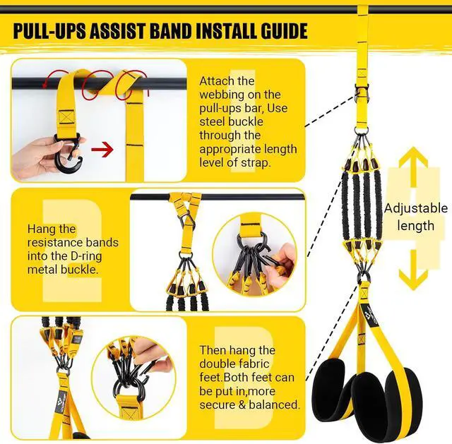 Alt view image 6 of 7 - Heavy-Duty Pull Up Resistance Bands with Adjustable Resistance & Height, Dual Stable Foot Support Pedals, Assist Beginners in Pull Up Workout