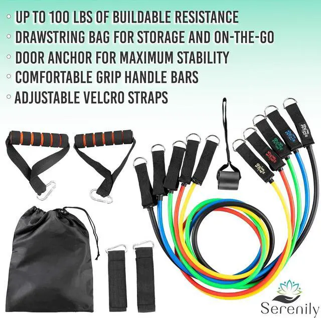Alt view image 5 of 5 - Serenily Exercise Bands, Resistance Bands for Women & Men. Workout Bands with Handles, Straps & Door Anchor Fitness Bands for Resistance Training, Home Workout Equipment Gym Bands for Physical Therapy
