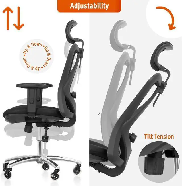 Alt view image 2 of 7 - Duramont Ergonomic Office Chair - Adjustable Desk Chair with Lumbar Support and Rollerblade Wheels - High Back Chairs with Breathable Mesh - Thick Seat Cushion, Head, and Arm Rests - Reclines