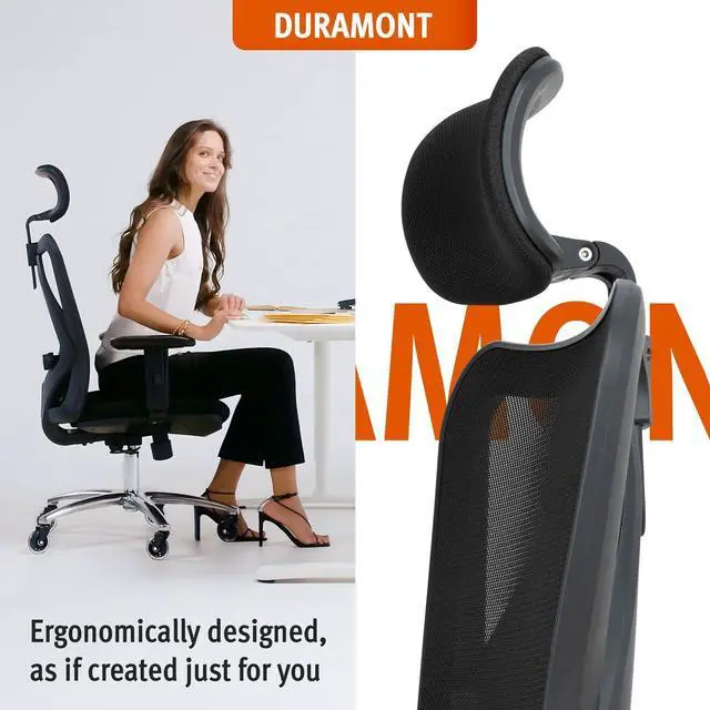 Alt view image 3 of 7 - Duramont Ergonomic Office Chair - Adjustable Desk Chair with Lumbar Support and Rollerblade Wheels - High Back Chairs with Breathable Mesh - Thick Seat Cushion, Head, and Arm Rests - Reclines