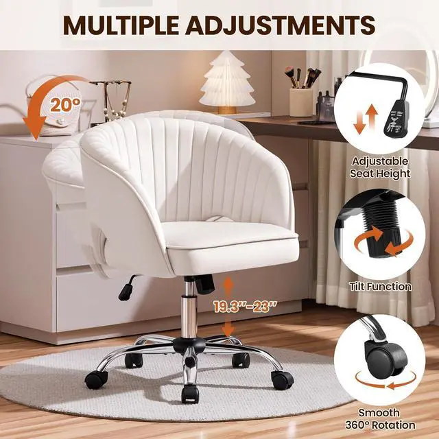 Alt view image 4 of 7 - Yaheetech Cute Desk Chair Velvet Vanity Chair with Wheels Home Office Upholstered Modern Swivel Armchair with Tufted Barrel Back for Study, Vanity, Bedroom Cream