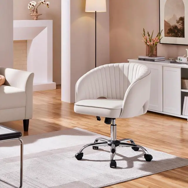 Alt view image 6 of 7 - Yaheetech Cute Desk Chair Velvet Vanity Chair with Wheels Home Office Upholstered Modern Swivel Armchair with Tufted Barrel Back for Study, Vanity, Bedroom Cream