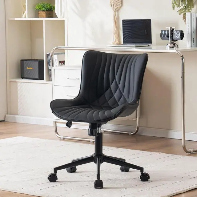 Main image of YOUNIKE Office Chair, Armless Desk Chair with Wheels, Home Office Computer Task Chairs, Modern Faux Leather Padded Vanity Chair, Adjustable Swivel Rocking Chair with Back, Black