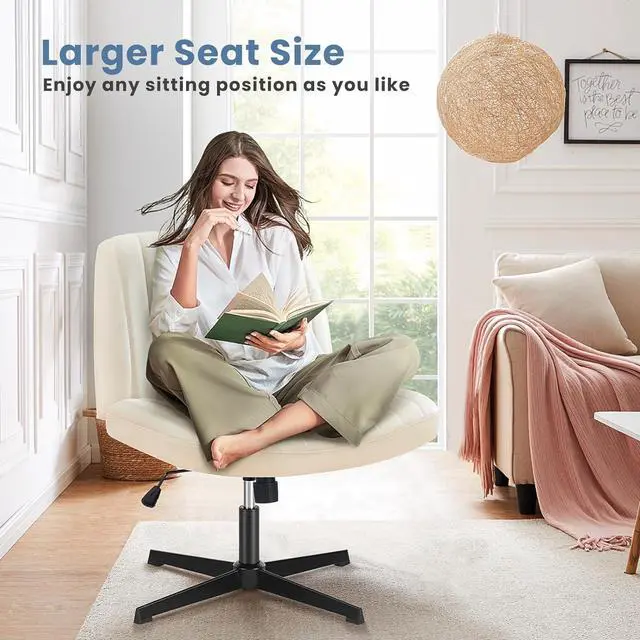 Alt view image 3 of 7 - DUMOS Cross Legged Office Chair, Armless Wide Home Office Desk Seat No Wheels, Modern Swivel Adjustable Fabric Vanity Seating for Bedroom