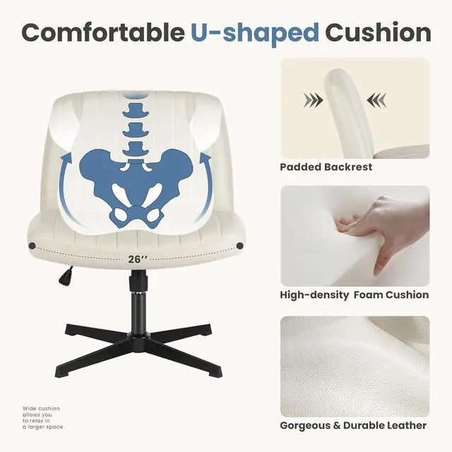 Alt view image 4 of 7 - DUMOS Cross Legged Office Chair, Armless Wide Home Office Desk Seat No Wheels, Modern Swivel Adjustable Fabric Vanity Seating for Bedroom