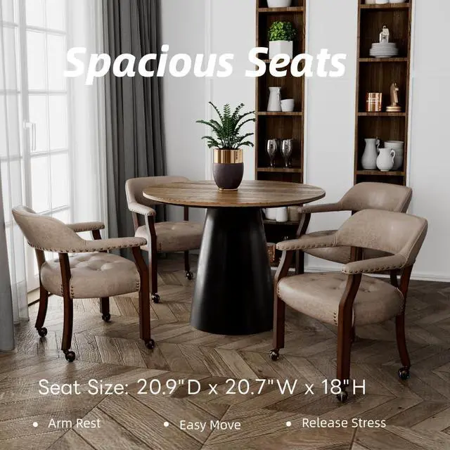 Alt view image 3 of 7 - LEEMTORIG Large Dining Chairs with Casters and Arms, Rolling Dining Chairs with Wheels, Solid Wood Office Desk Chairs, 26Dx25.2 Wx31.5H, Cherry Legs & Yellowish Brown Fabric SY-1533-LT