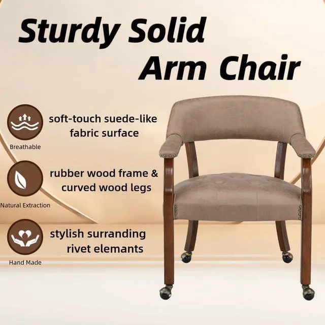 Alt view image 7 of 7 - LEEMTORIG Large Dining Chairs with Casters and Arms, Rolling Dining Chairs with Wheels, Solid Wood Office Desk Chairs, 26Dx25.2 Wx31.5H, Cherry Legs & Yellowish Brown Fabric SY-1533-LT