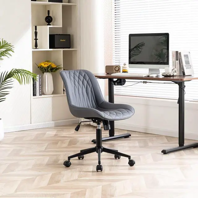 Alt view image 7 of 7 - YOUNIKE Ergonomic Home Office Desk Chair Comfy Small Criss Cross Chair with Wheels Swivel Adjustable Modern Vanity Chair with Back Armless Cute Leather Upholstered Rolling Task Chair Dusty Blue