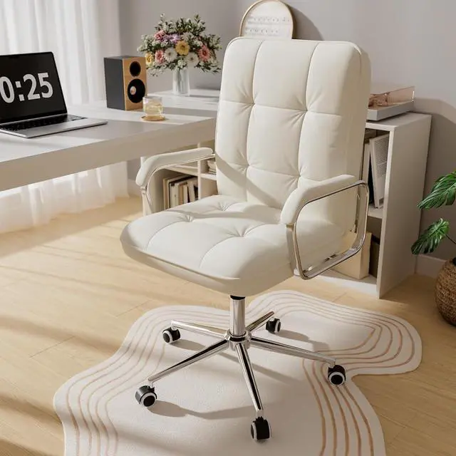 Main image of White Office Chair with Soft Leather, Swivel Computer Home Office Desk Chair with Wheels and Padded Arms, Adjustable Height and Tilt