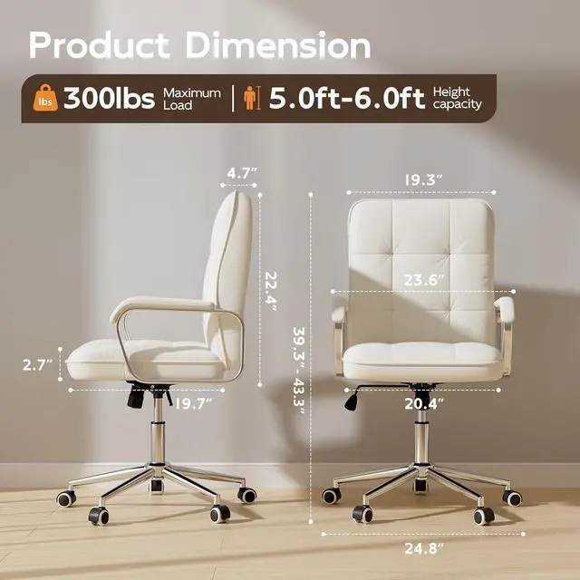 Alt view image 2 of 7 - White Office Chair with Soft Leather, Swivel Computer Home Office Desk Chair with Wheels and Padded Arms, Adjustable Height and Tilt