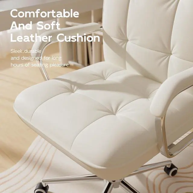 Alt view image 3 of 7 - White Office Chair with Soft Leather, Swivel Computer Home Office Desk Chair with Wheels and Padded Arms, Adjustable Height and Tilt