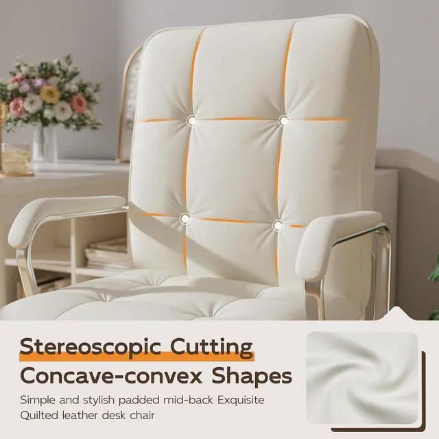 Alt view image 4 of 7 - White Office Chair with Soft Leather, Swivel Computer Home Office Desk Chair with Wheels and Padded Arms, Adjustable Height and Tilt