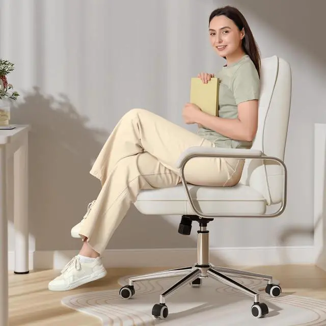 Alt view image 5 of 7 - White Office Chair with Soft Leather, Swivel Computer Home Office Desk Chair with Wheels and Padded Arms, Adjustable Height and Tilt