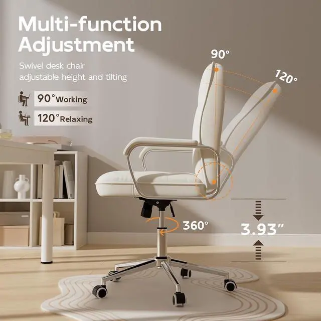 Alt view image 6 of 7 - White Office Chair with Soft Leather, Swivel Computer Home Office Desk Chair with Wheels and Padded Arms, Adjustable Height and Tilt