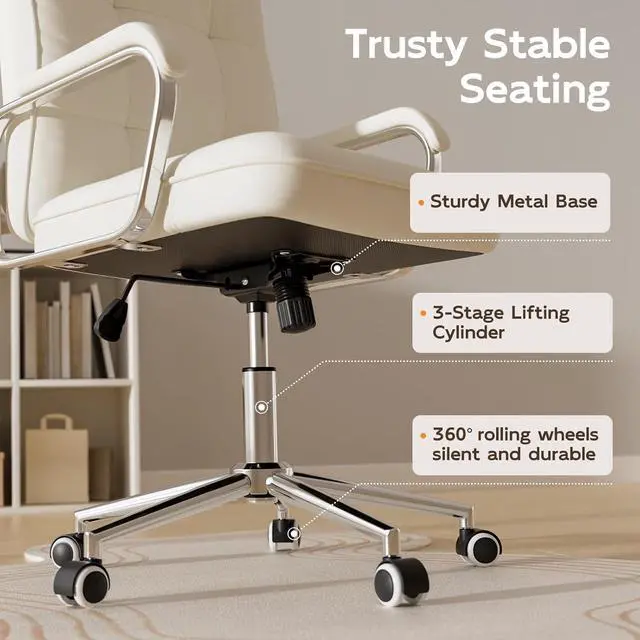 Alt view image 7 of 7 - White Office Chair with Soft Leather, Swivel Computer Home Office Desk Chair with Wheels and Padded Arms, Adjustable Height and Tilt