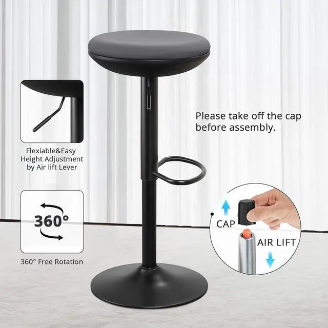 Alt view image 6 of 7 - Standing Desk Chair, Ergonomic Office Stool Adjustable Height, Round 360° Swivel Sit Perching Stool Without Backrest for Bedroom, Kitchen, Living Room (Grey)