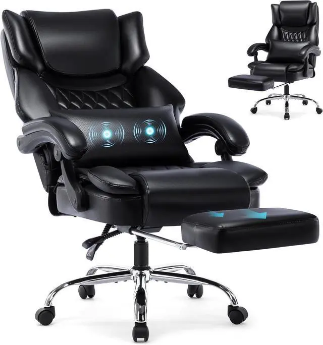 Main image of High Back Reclining Office Chair with Footrest, Executive Computer Desk Chair with Massaging Lumbar Cushion, Adjustable Angle, Breathable Thick Padding for Comfort, Black