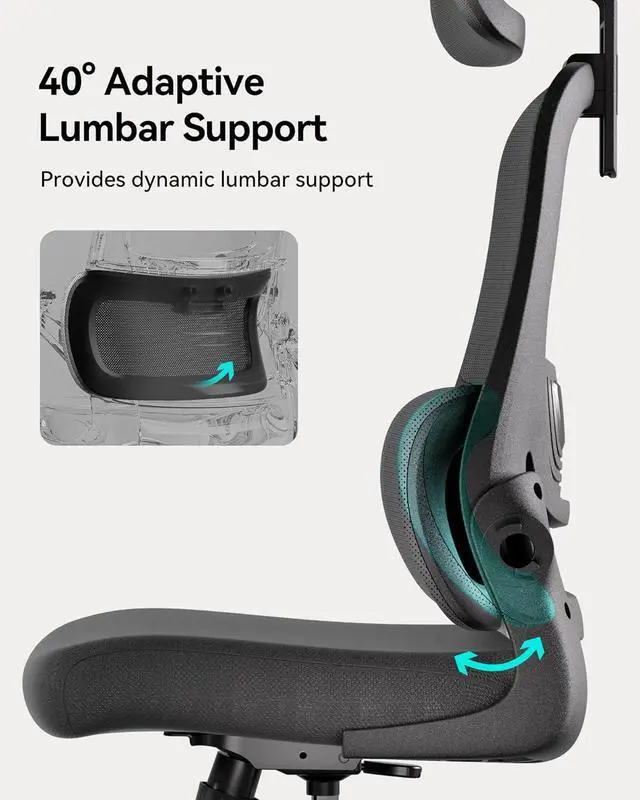 Alt view image 5 of 7 - Hbada P1 Ergonomic Office Chair, Desk Chair with Adjustable Lumbar Support, Home Office Desk Chair with 2D Headrest, Flip-up Armrest, Swivel Computer Chair, Black