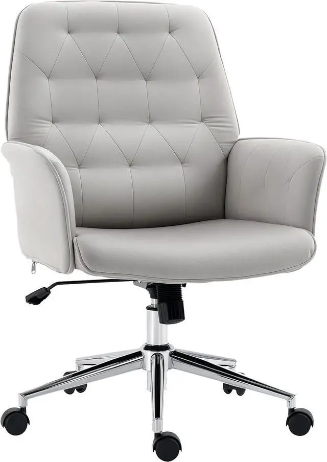 Main image of Vinsetto Velvet Home Office Chair, Tufted Height Adjustable Computer Desk Chair with Swivel Wheels and Padded Armrests, Light Gray