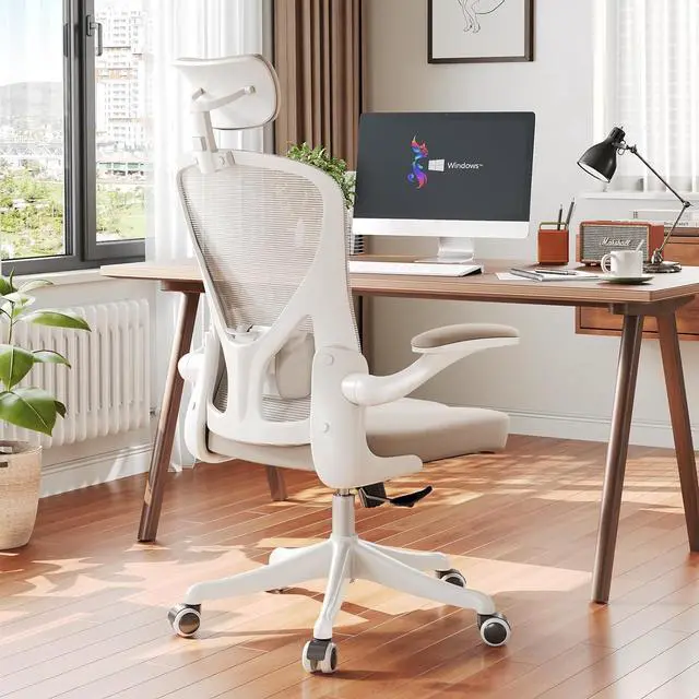 Alt view image 7 of 7 - Ergonomic Office Chair with Adjustable Lumbar Support & Flip-Up Armrests - High Back Computer Desk Chair with Thickened Seat Cushion, Rolling Wheels for Home/Office Study Work