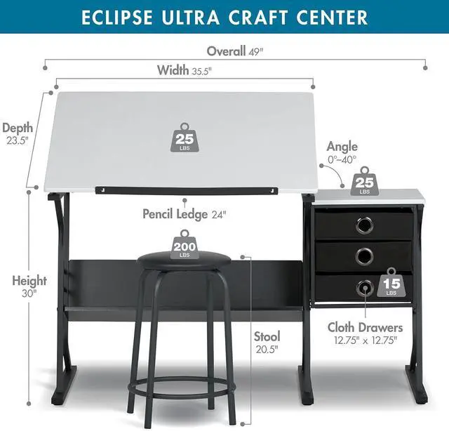 Alt view image 3 of 7 - SD Studio Designs 2 Piece Eclipse Ultra Center/Drawing Table with Stool, Angle Adjustable Top, Storage Shelves, and Drawers