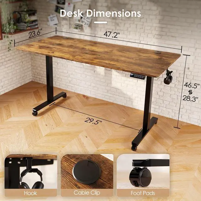 Alt view image 2 of 7 - Monomi Electric Height Adjustable Standing Desk, 48x24 Inches Ergonomic Home Office Sit/Stand Up Desk (Black Steel Frame/Rustic Brown Top)