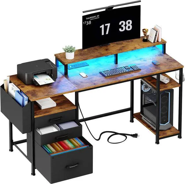 Main image of Lufeiya Gaming Desks with Led Lights and Power Outlets, 55 Inch Study Writing Computer Desk with Fabric File Drawers Cabinet for Bedroom, Home Office Desk with Shelves Monitor Stand, Rustic Brown