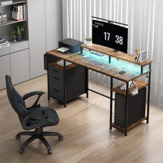 Alt view image 2 of 7 - Lufeiya Gaming Desks with Led Lights and Power Outlets, 55 Inch Study Writing Computer Desk with Fabric File Drawers Cabinet for Bedroom, Home Office Desk with Shelves Monitor Stand, Rustic Brown