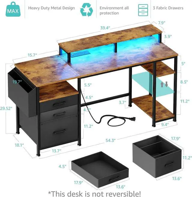 Alt view image 3 of 7 - Lufeiya Gaming Desks with Led Lights and Power Outlets, 55 Inch Study Writing Computer Desk with Fabric File Drawers Cabinet for Bedroom, Home Office Desk with Shelves Monitor Stand, Rustic Brown