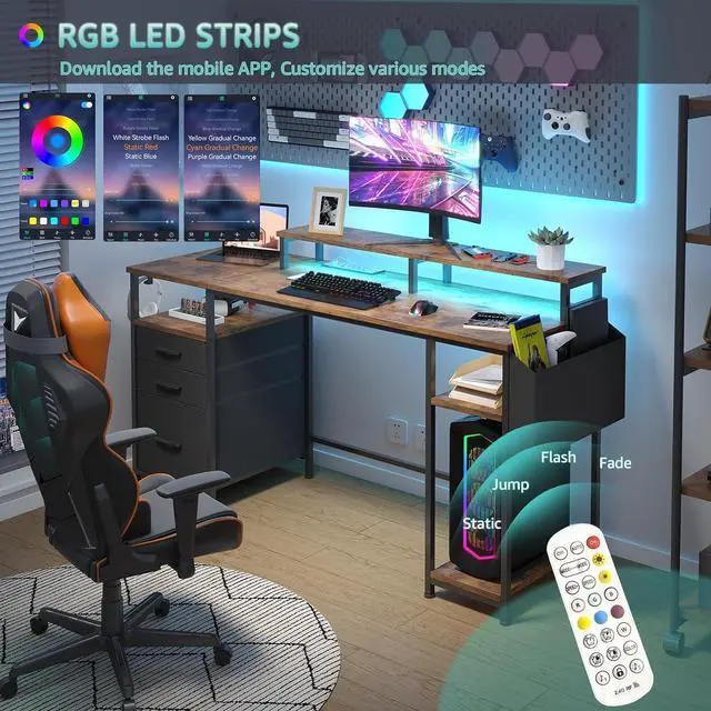 Alt view image 4 of 7 - Lufeiya Gaming Desks with Led Lights and Power Outlets, 55 Inch Study Writing Computer Desk with Fabric File Drawers Cabinet for Bedroom, Home Office Desk with Shelves Monitor Stand, Rustic Brown