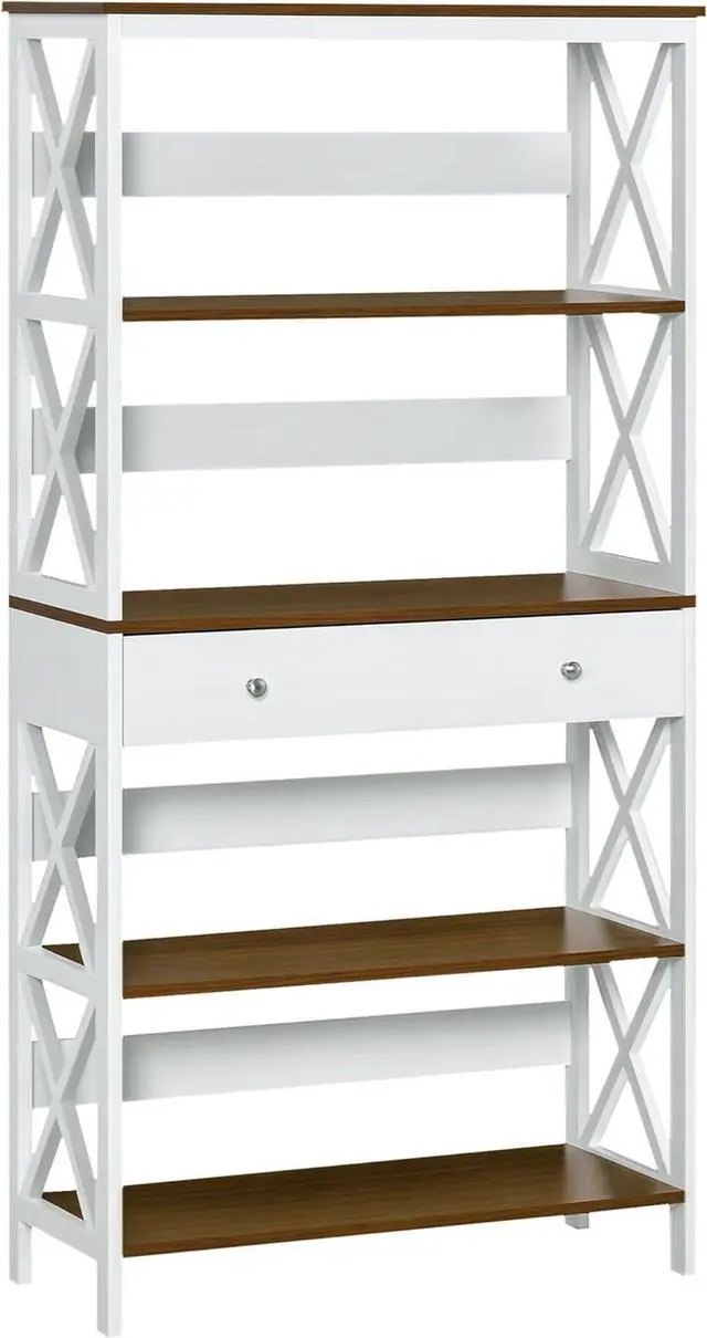 Main image of HOMCOM 4-Tier Shelving Bookcase Storage Cupboard with Pull Out Drawer, and Wooden Frame with X Bar Stability, White