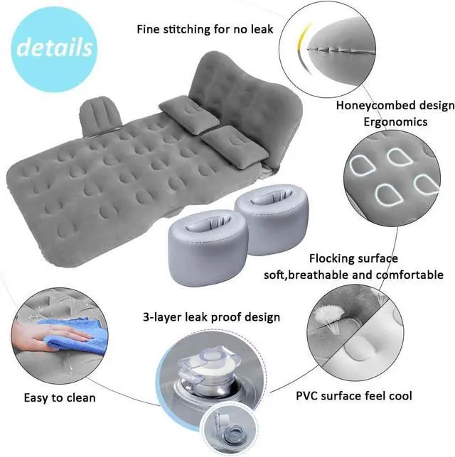 Alt view image 2 of 6 - SAYGOGO Inflatable Travel Mattress - Thickened Camping Bed Sleeping Pad with Air Pump, 2 Pillows for SUV, Sedan, Pickup Back Seat - Grey