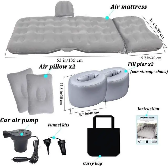 Alt view image 6 of 6 - SAYGOGO Inflatable Travel Mattress - Thickened Camping Bed Sleeping Pad with Air Pump, 2 Pillows for SUV, Sedan, Pickup Back Seat - Grey