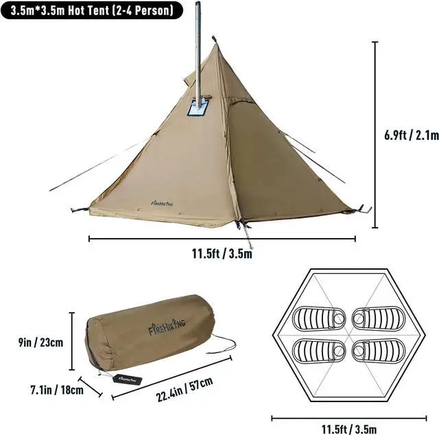 Alt view image 2 of 7 - FIREHIKING Camping Hot Tent 2-4 Person Teepee Tent with Stove Jack for Backpacking Hunting