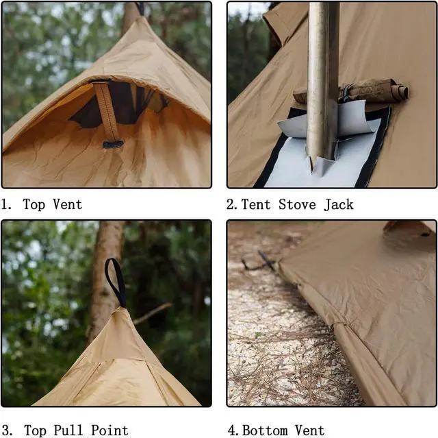 Alt view image 3 of 7 - FIREHIKING Camping Hot Tent 2-4 Person Teepee Tent with Stove Jack for Backpacking Hunting