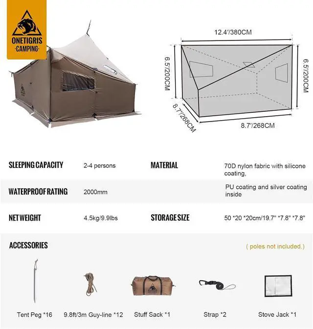 Alt view image 7 of 7 - OneTigris COZSHACK Hot Tent, Large Spacious 4 Person Tent with Stove Jack, Windproof Waterproof Tent for Wood Stove Bushcraft Camping Travel Truck Family