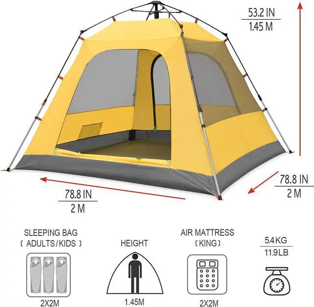Alt view image 4 of 6 - KAZOO Camping Tents 3 Person Waterproof Instant Tents 3 People Cabin Tent Easy Setup with Sun Shade Automatic Aluminum Pole