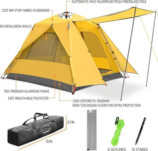Alt view image 5 of 6 - KAZOO Camping Tents 3 Person Waterproof Instant Tents 3 People Cabin Tent Easy Setup with Sun Shade Automatic Aluminum Pole