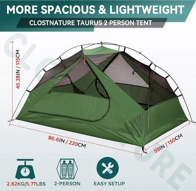 Alt view image 2 of 7 - Clostnature Taurus 2 Person Backpacking Tent - Lightweight Two Person Tent for Backpacking, Easy Set Up Waterproof Camping Tent for Adults, Kids, Scouts, Large Size Outdoor, Hiking Gear