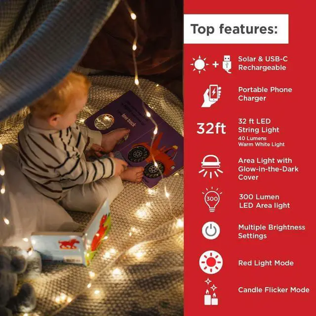 Alt view image 2 of 6 - LuminAID Solar String Light with Phone Charger - Rechargeable Tent Lights for Camping - 32 ft String Lights Perfect for Camping, Backyard, Patio, RVs, Outdoor, Power Outages (1 Pack)